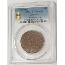AUSTRALIA 1930M . ONE 1 PENNY . INDIAN OBVERSE . PCGS GENUINE